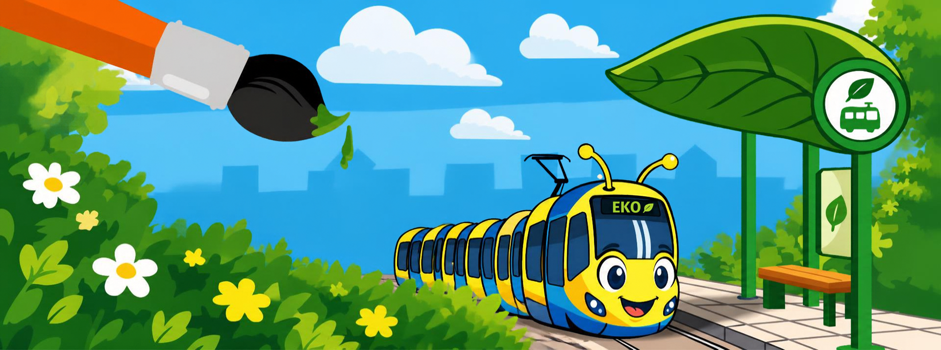 grafika eko przystanku i tramwaju w formie kreskówkowej