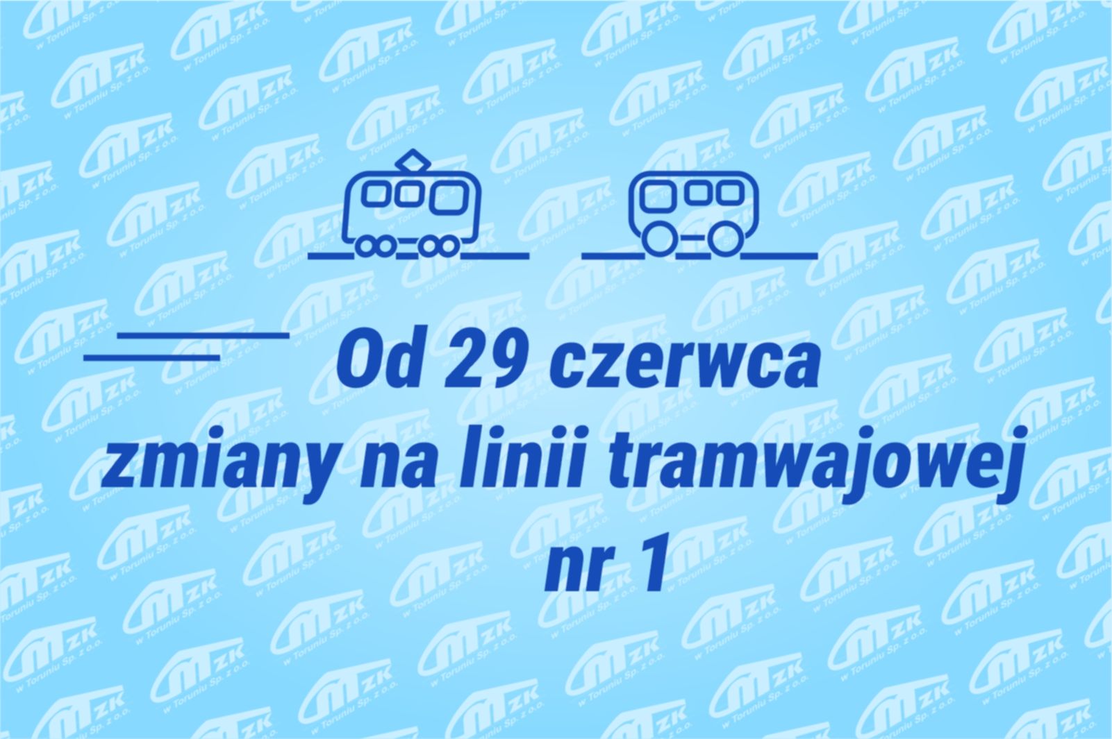 Żółto-niebieski tramwaj i biały autobus MZK Toruń